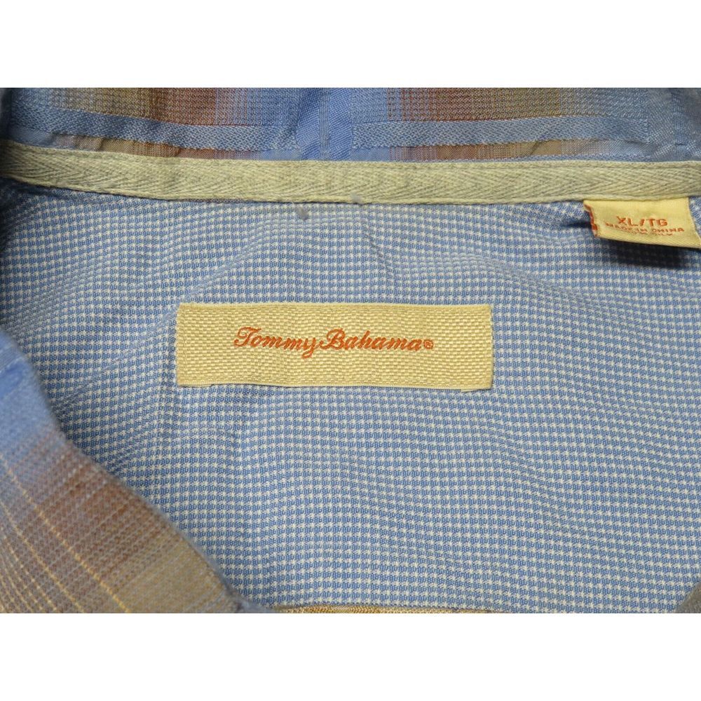 Mens‎ Tommy Bahama Short Sleeve Button Front Silk Shirt Size XL Blue Brown Plaid - Picture 6 of 8